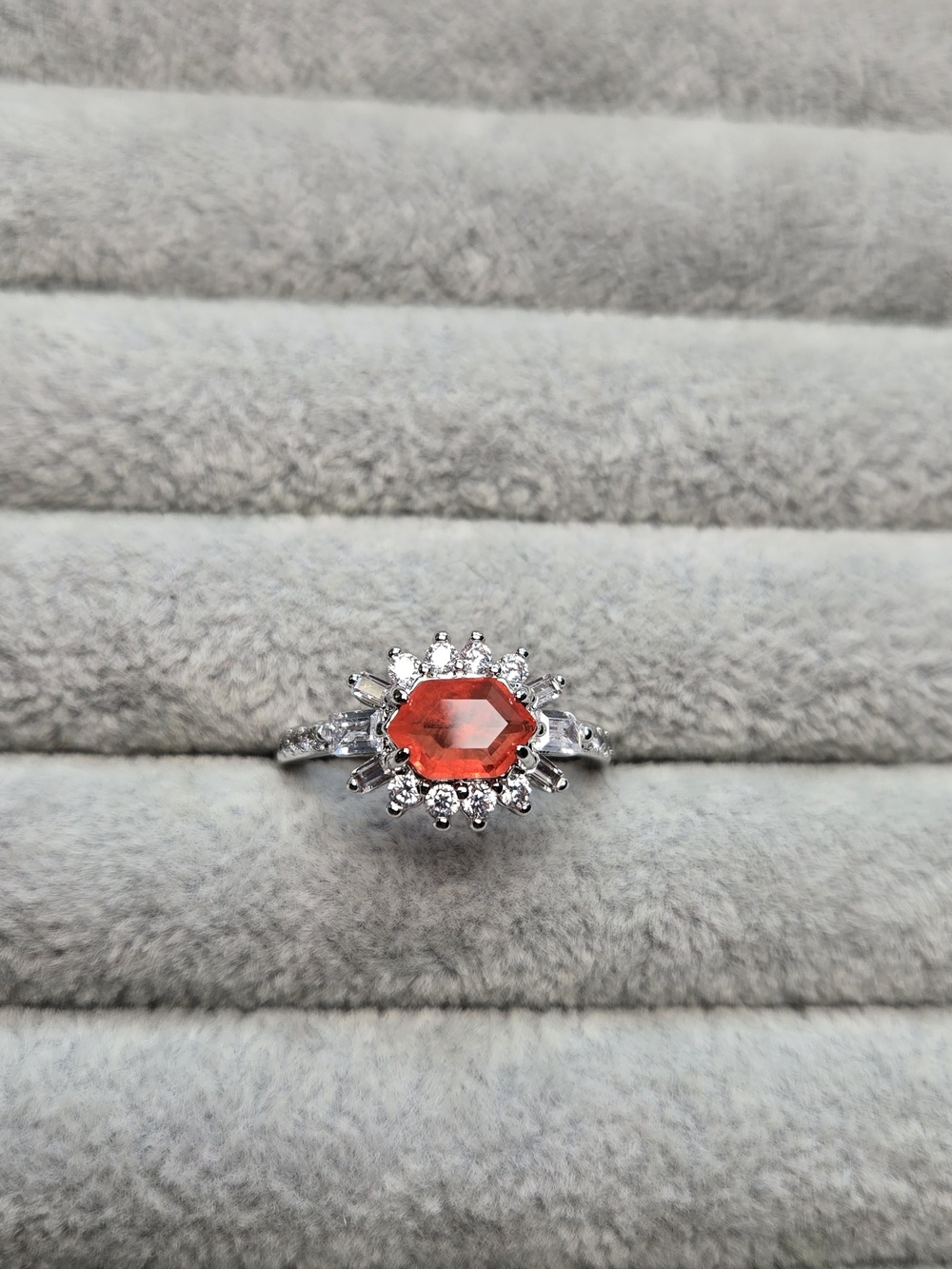Size 8 Red Carnelian and Quartz Rhodium Plated Bomb Party Ring